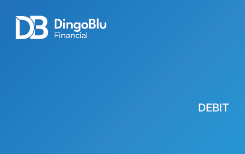 A blue DingoBlu Financial debit card.